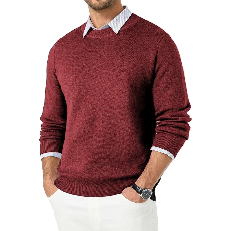 Heren trui met ronde hals – effen, lange mouwen, fijngebreide look