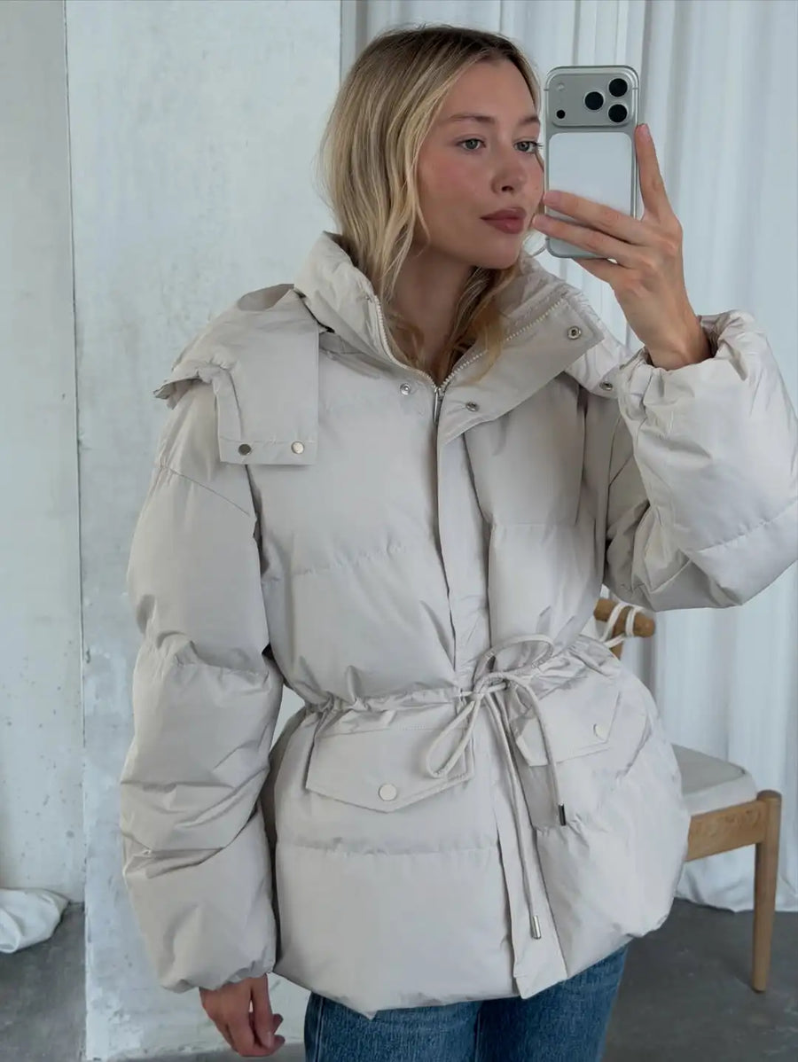 Damen Pufferjacke mit Kapuze und Taillenzugband