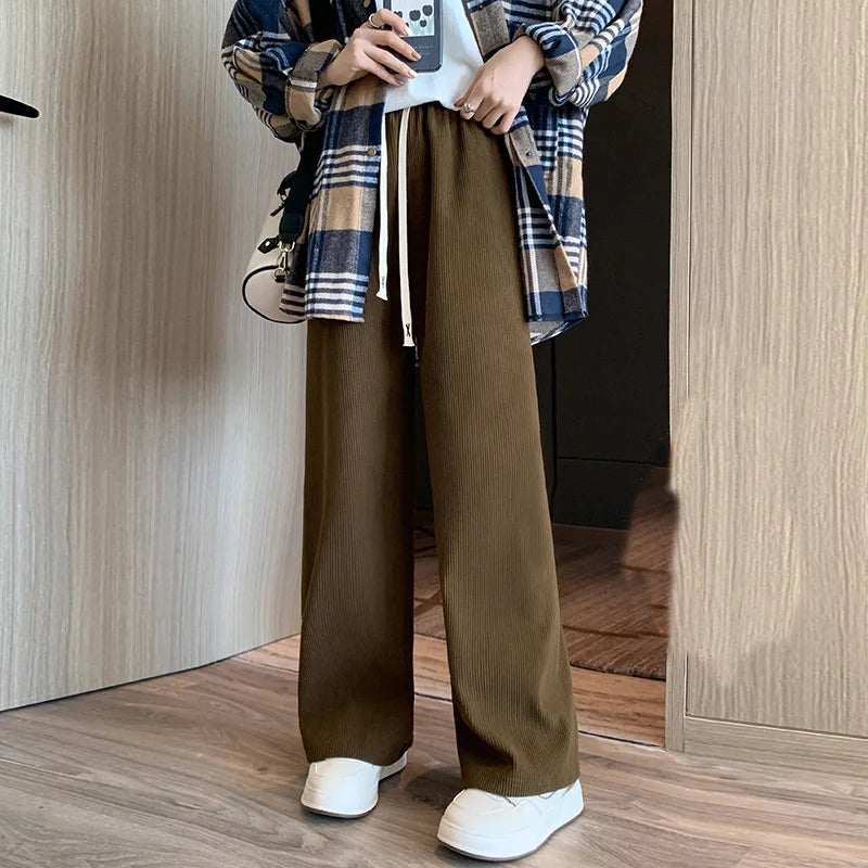 Dames wijde broek met trekkoord, hoge taille en brede pijpen