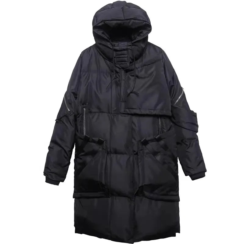 Unisex Langer Steppmantel mit Kapuze Schwarz
