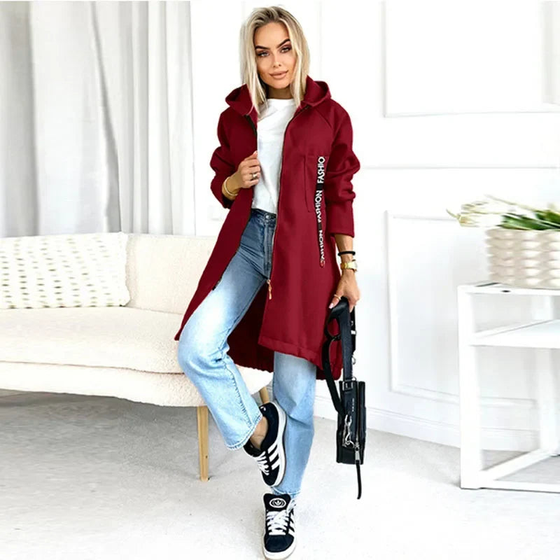 Damen Lange Hoodie Jacke mit Reißverschluss und Kapuze
