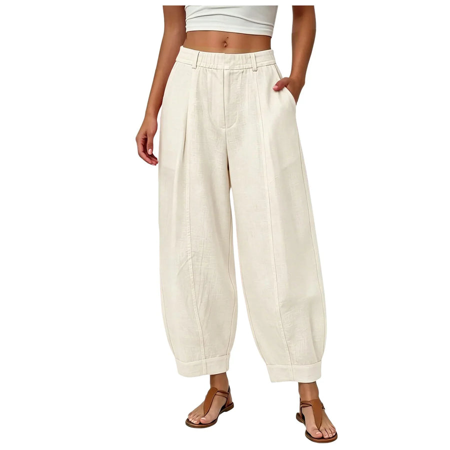 Dames linnen broek met wijde pijpen, hoge taille, elastisch, vrijetijdsbroek