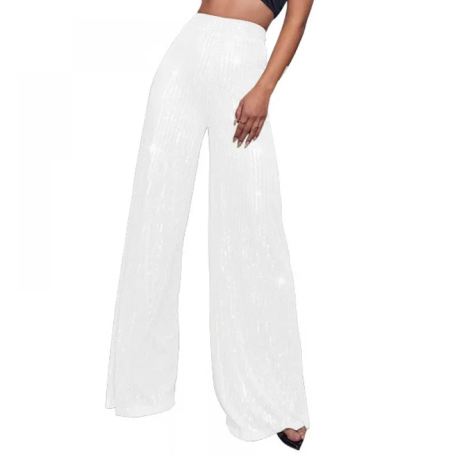 Damen Pailletten Schlaghose Hoher Bund Weites Bein Glitzernde Partyhose