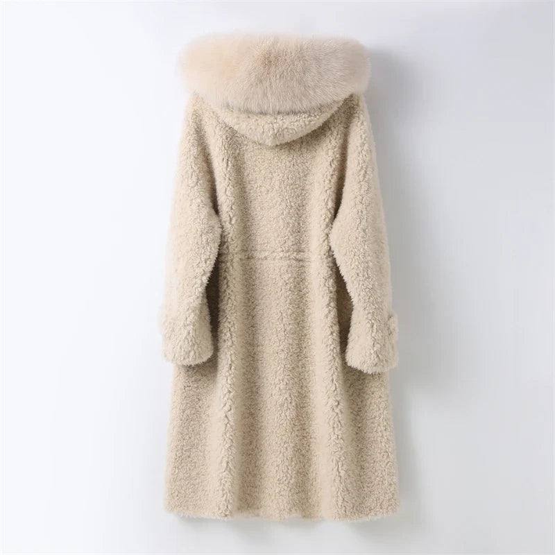 Damen Teddy-Mantel Beige mit Kapuze und Knebelverschlüssen