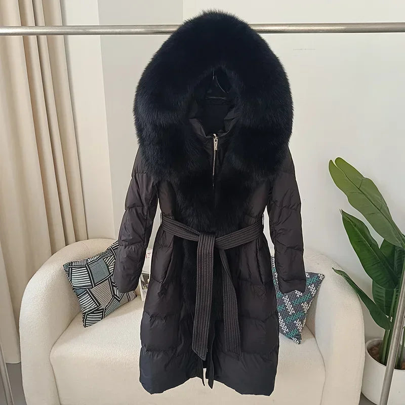 Damen Winter Steppmantel Lang mit Kapuze und Kunstpelzbesatz Gürtel