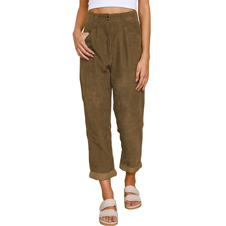 Damen Cordhose mit hoher Taille, weitem Bein und Falten, umgeschlagener Saum, Freizeit-Look