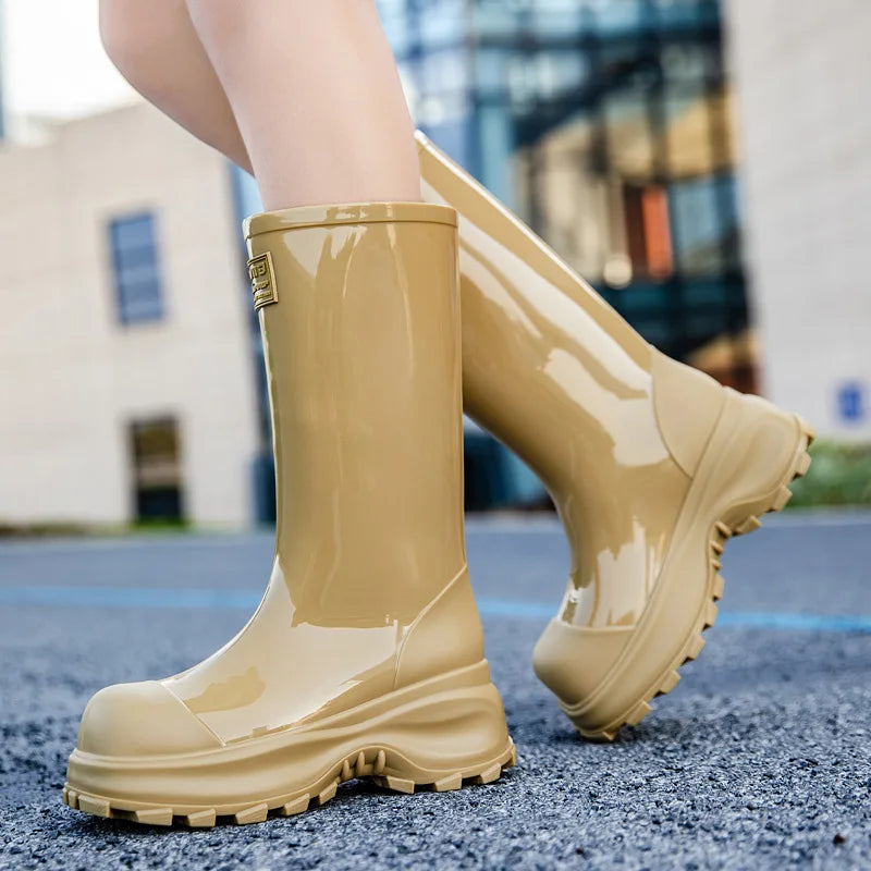 Unisex glanzende hoge regenlaarzen met profielzool