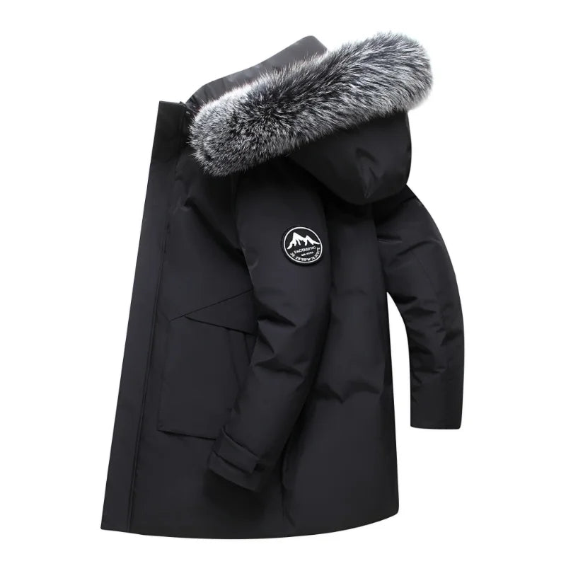 Herren Winter Parka mit Kapuze und Fellimitat-Besatz langer Schnitt
