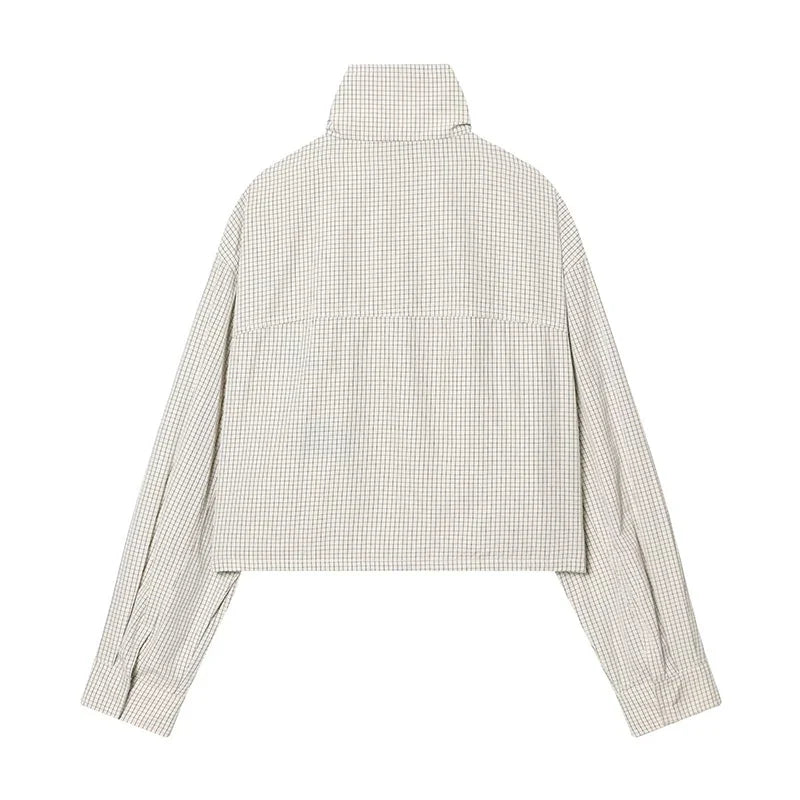 Kurze Jacke Damen Kariert Stehkragen Reißverschluss Beige