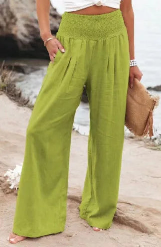 Damesstrandbroek met wijde pijpen, hoge gerimpelde tailleband, linnenlook en zakken