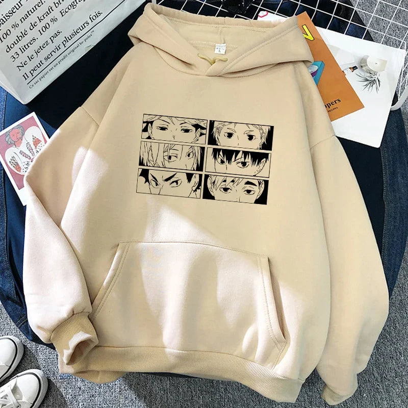 Hoodie met capuchon en anime-motief van de Karasuno Volleyball Club, beige