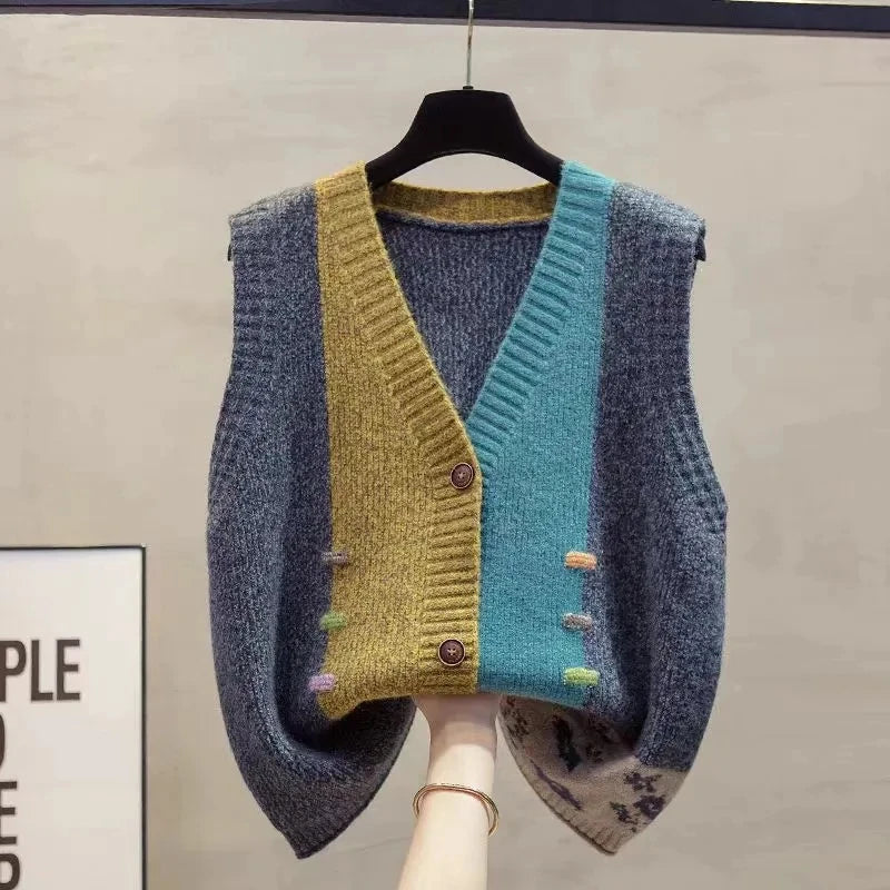 Gebreid damesvest met V-hals, mouwloos en color-block