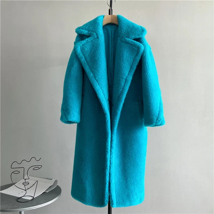 Damen Langer Teddyfell Mantel mit Reverskragen und Taschen
