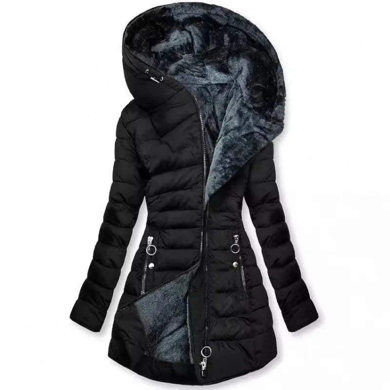 Damen Steppjacke mit Kapuze, gefüttert, Reißverschlusstaschen, Winterjacke