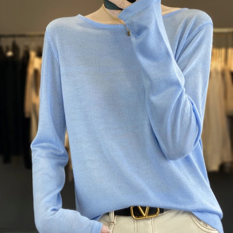 Dames shirt met lange mouwen, gebreide look en wijde halslijn