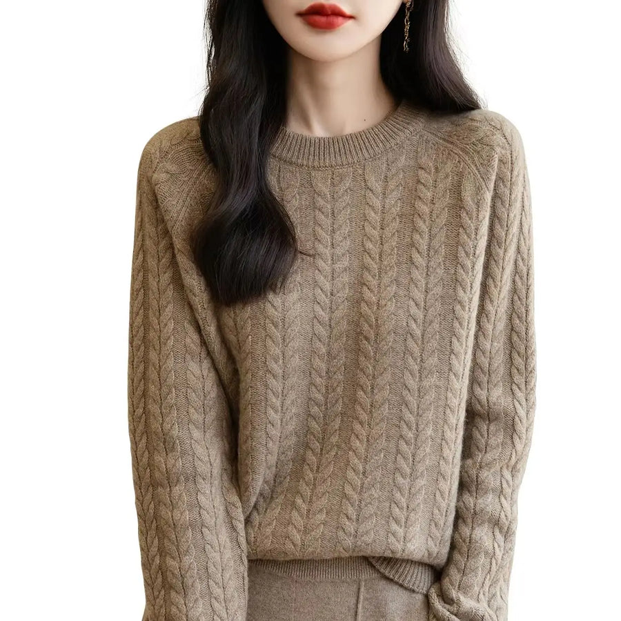 Damen Pullover Zopfmuster Rundhals Langarm Strickpullover
