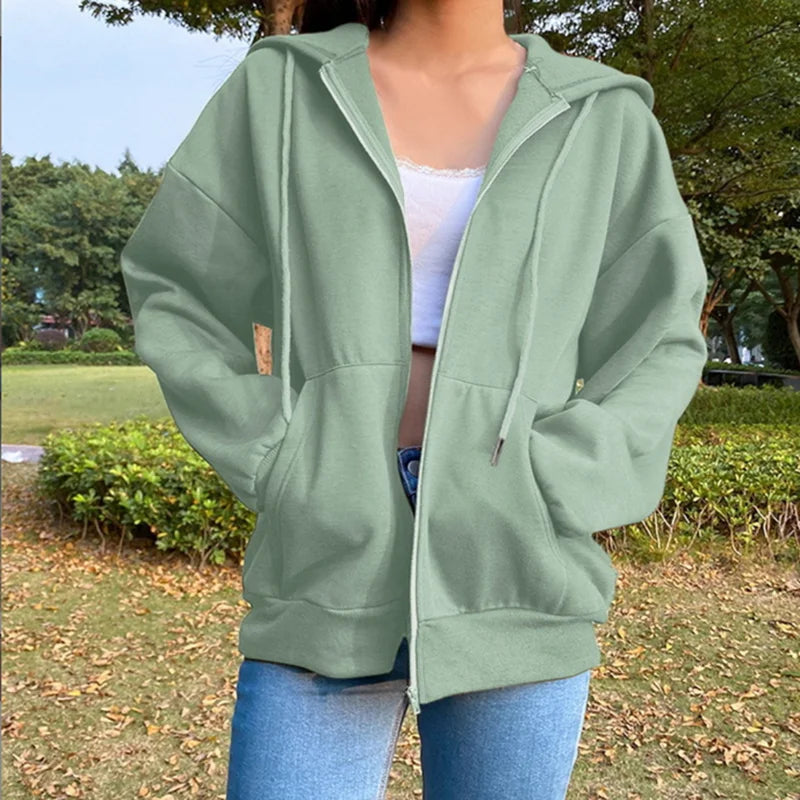 Damen Hoodie Jacke mit Reißverschluss Kapuze und Kängurutaschen, Oversize Schnitt