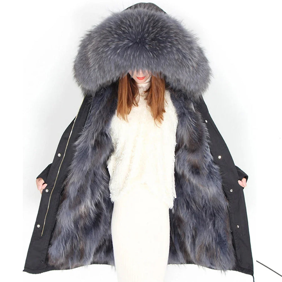 Parka mit Fellkapuze & Fellfutter langer Wintermantel Damen