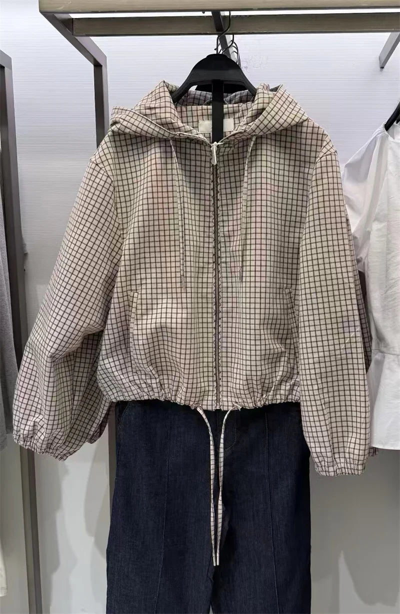 Damen karierte Kapuzenjacke mit Reißverschluss und Kordelzug