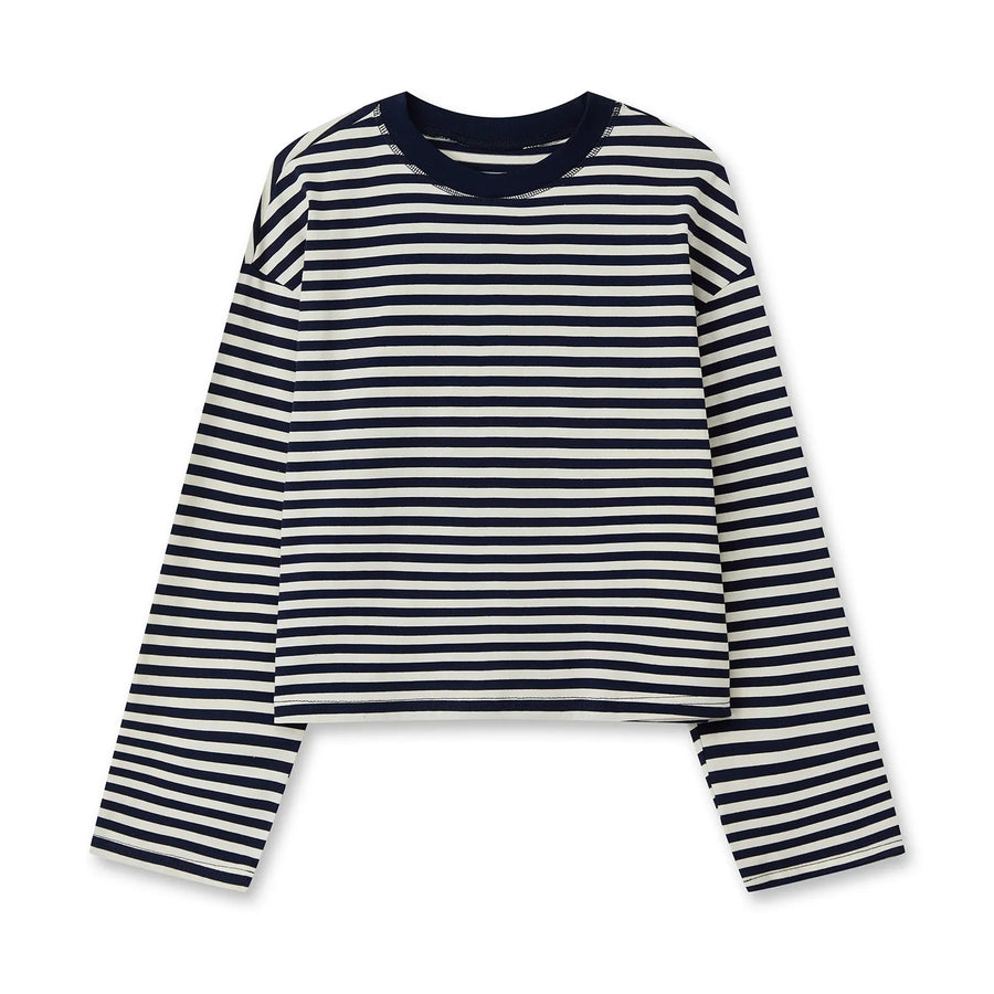 Gestreept dames-shirt met lange mouwen, oversized, ronde hals, casual crop top