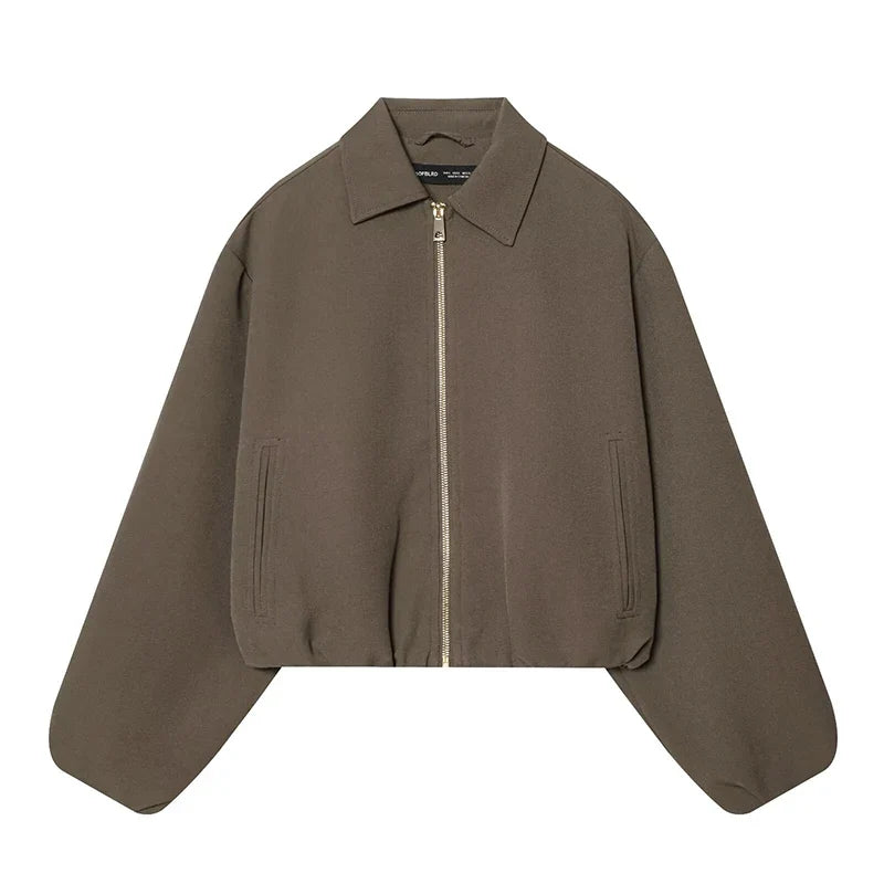 Damen Kurzjacke mit Reißverschluss & Kragen, weite Ärmel, Beige
