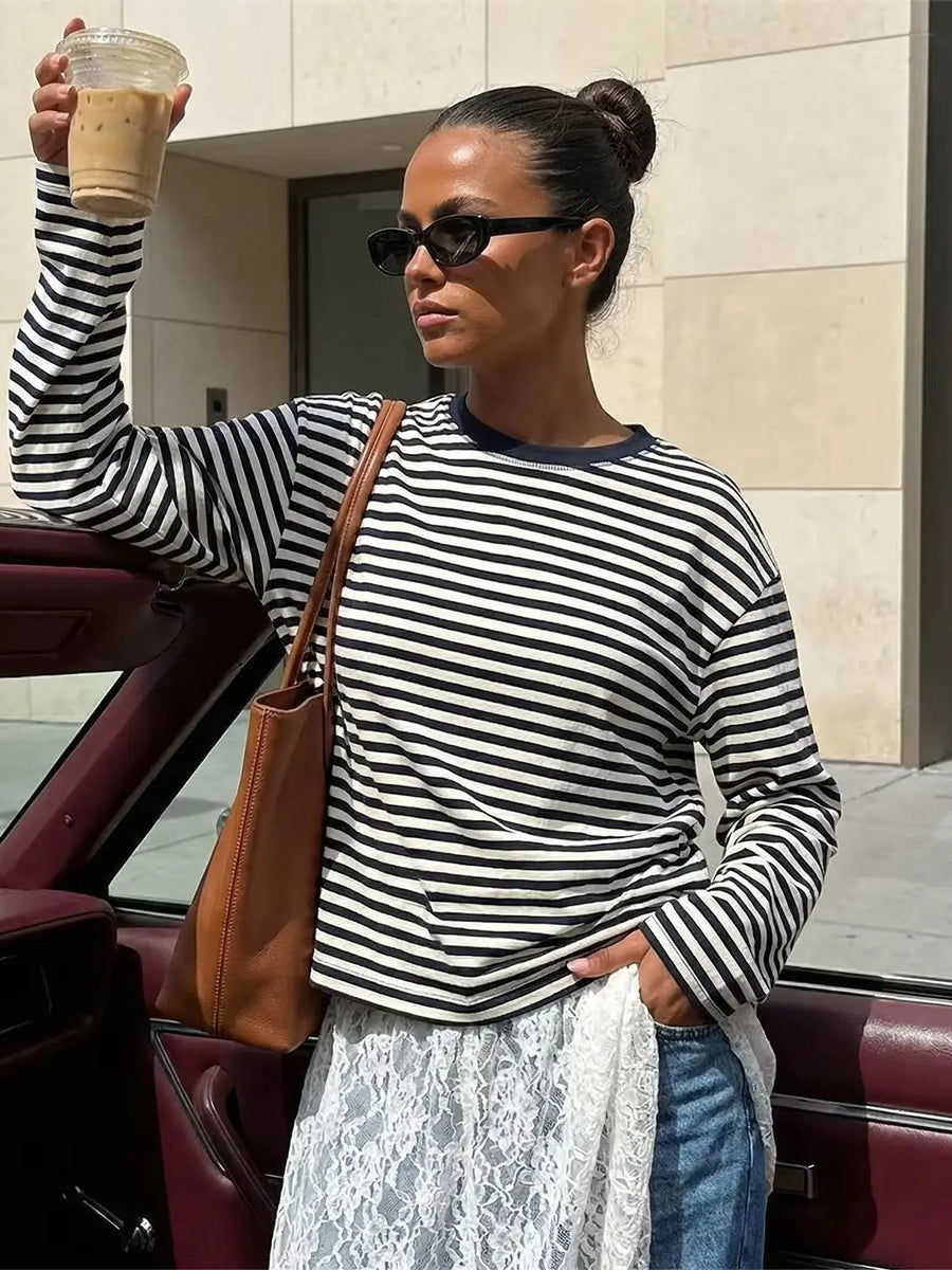 Gestreept dames-shirt met lange mouwen, oversized, ronde hals, casual crop top