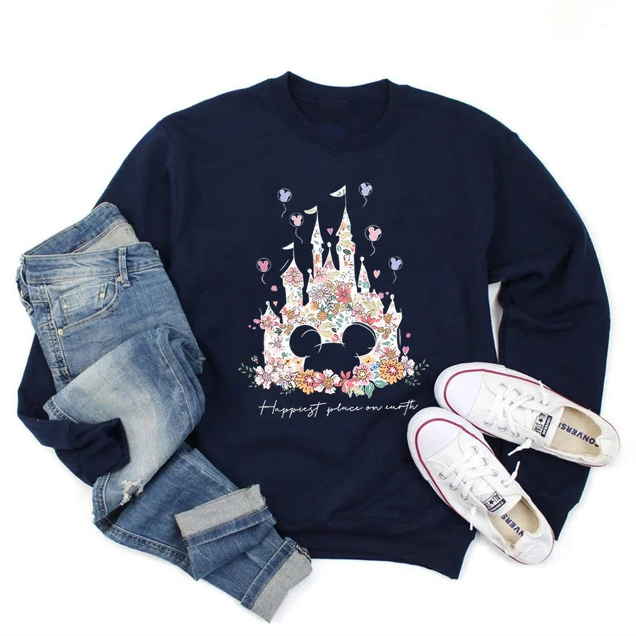 Damen Sweatshirt mit Rundhalsausschnitt und floralem Schloss-Print, Langarm