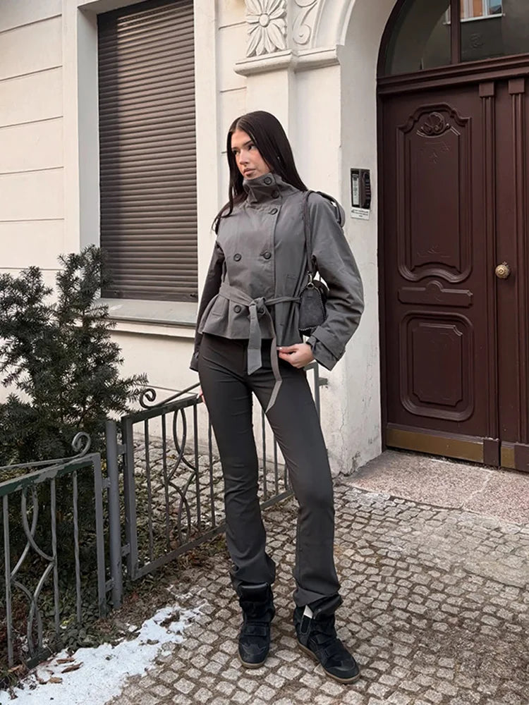 Damen Kurzjacke Stehkragen Gürtel Doppelreiher – Elegante Übergangsjacke