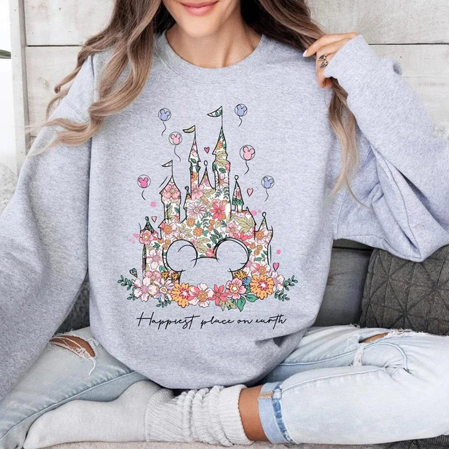 Damen Sweatshirt mit Rundhalsausschnitt und floralem Schloss-Print, Langarm