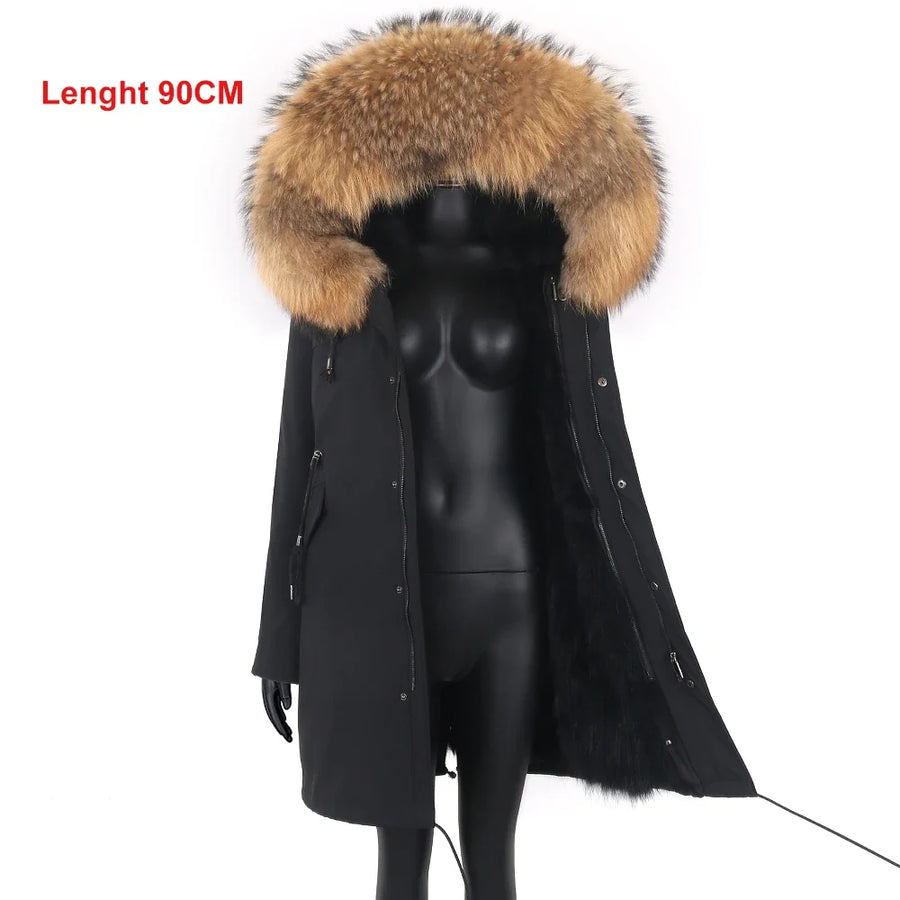 Parka mit Fellkapuze & Fellfutter langer Wintermantel Damen