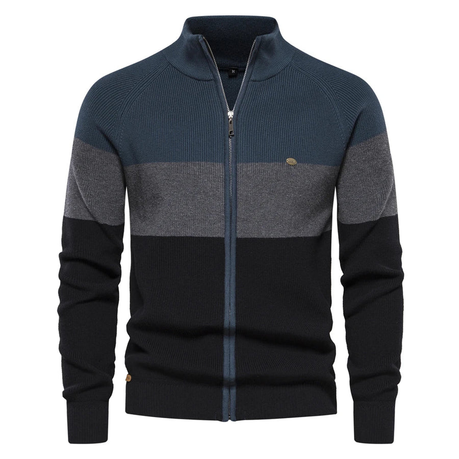 Herenvest met rits, opstaande kraag en kleurvlakken, marineblauw en bruin