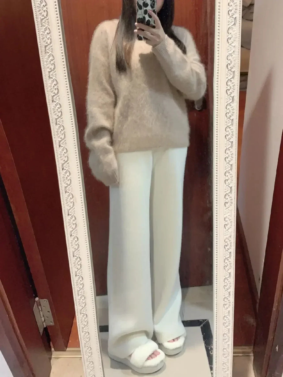 Damen Strickhose Weites Bein Hoher Bund mit Kordelzug