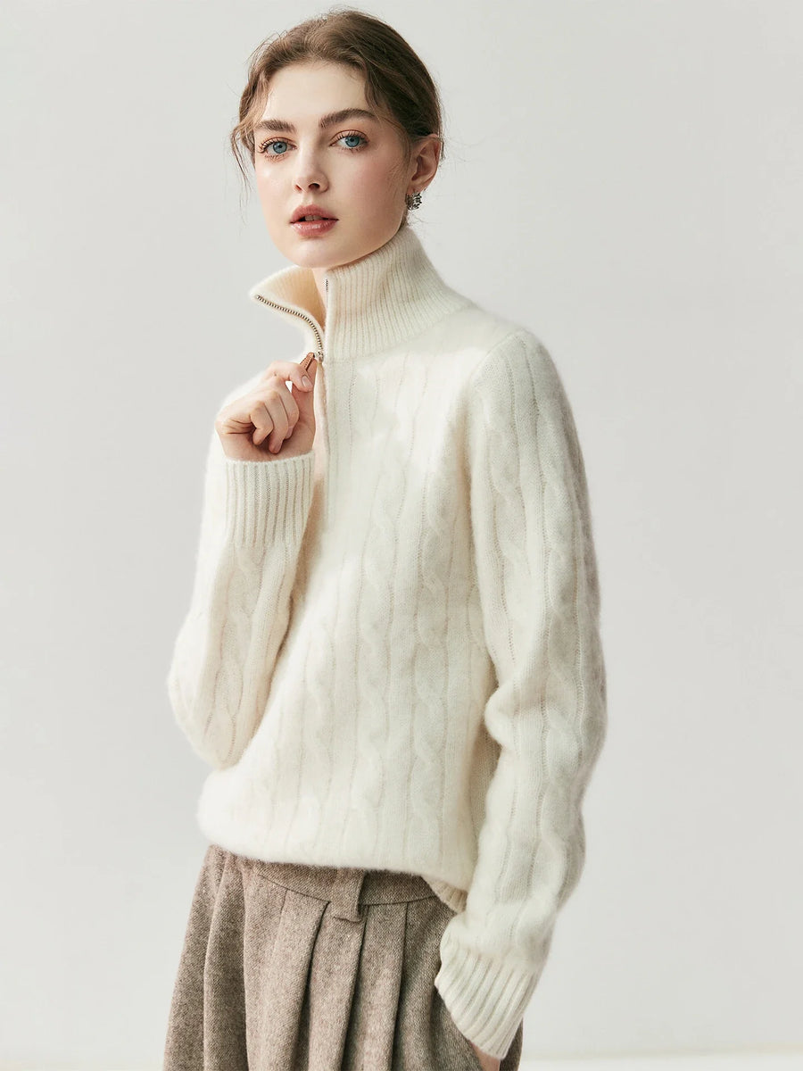 Damen Strickpullover Zopfmuster Halb-Reißverschluss Rollkragen
