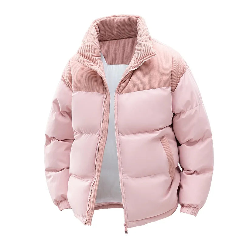 Winter Steppjacke mit Kapuze Zweifarbig Cord-Detail Gepolsterte Outdoor-Jacke