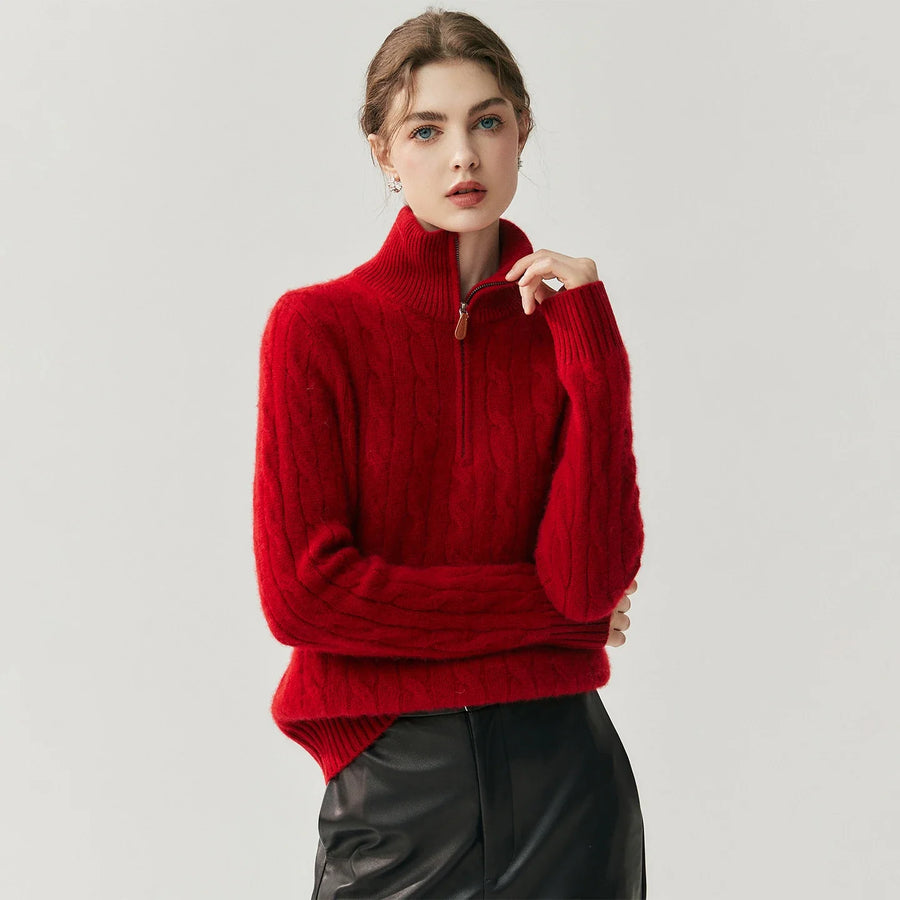 Damen Strickpullover Zopfmuster Halb-Reißverschluss Rollkragen