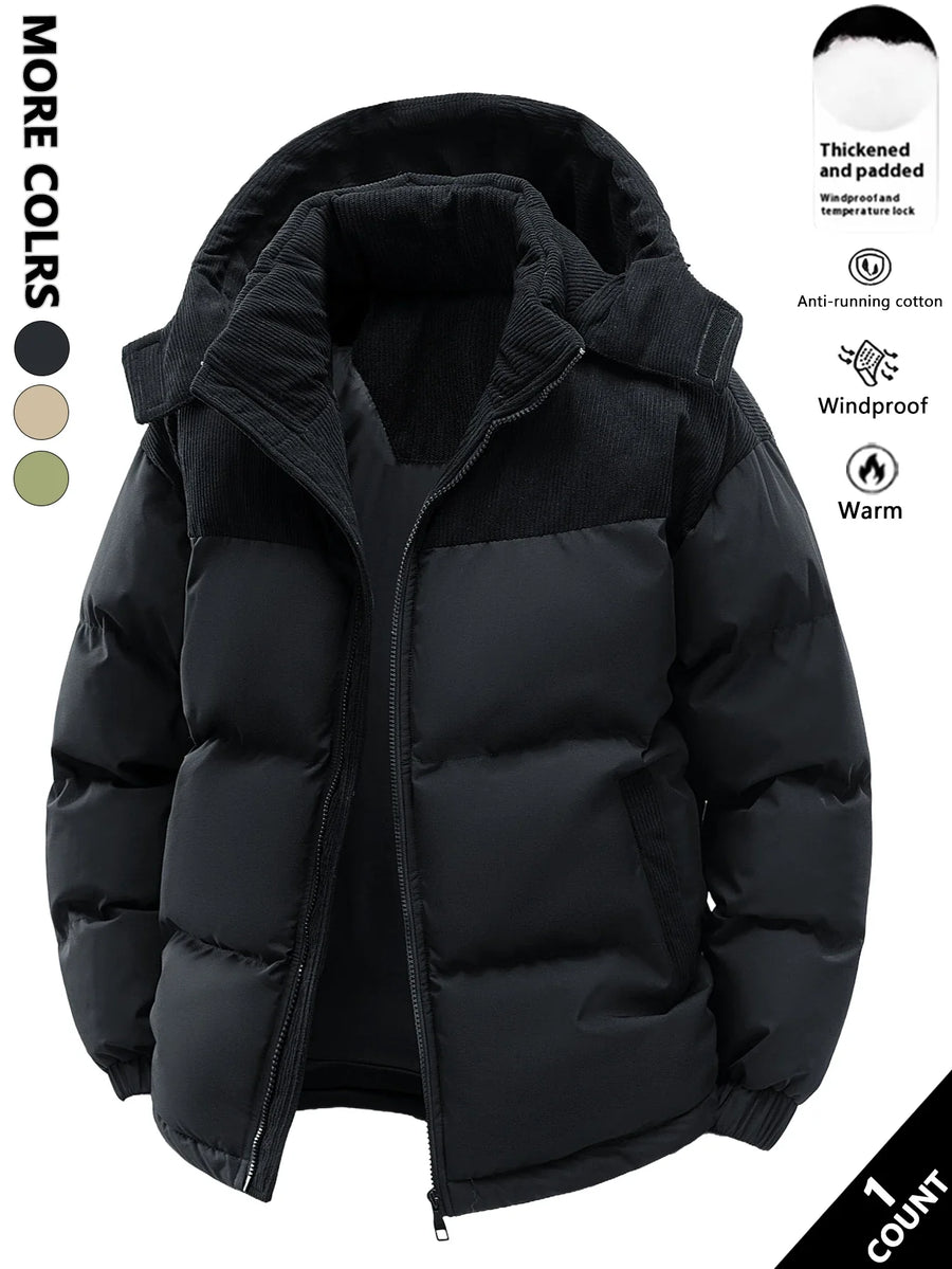 Winter Steppjacke mit Kapuze und Cord-Details für Herren, warm und winddicht