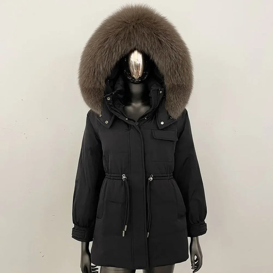 Damen Winterjacke Parka mit Kapuze Kunstfellbesatz Tunnelzug Creme
