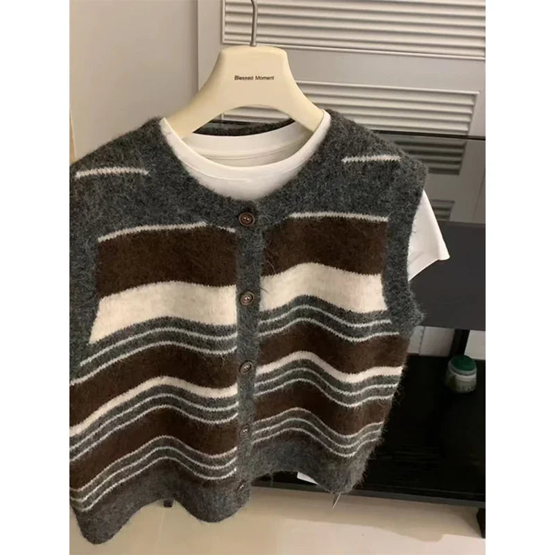 Damen Weste gestrickt gestreift mit Knöpfen Ärmellos Mehrfarbig