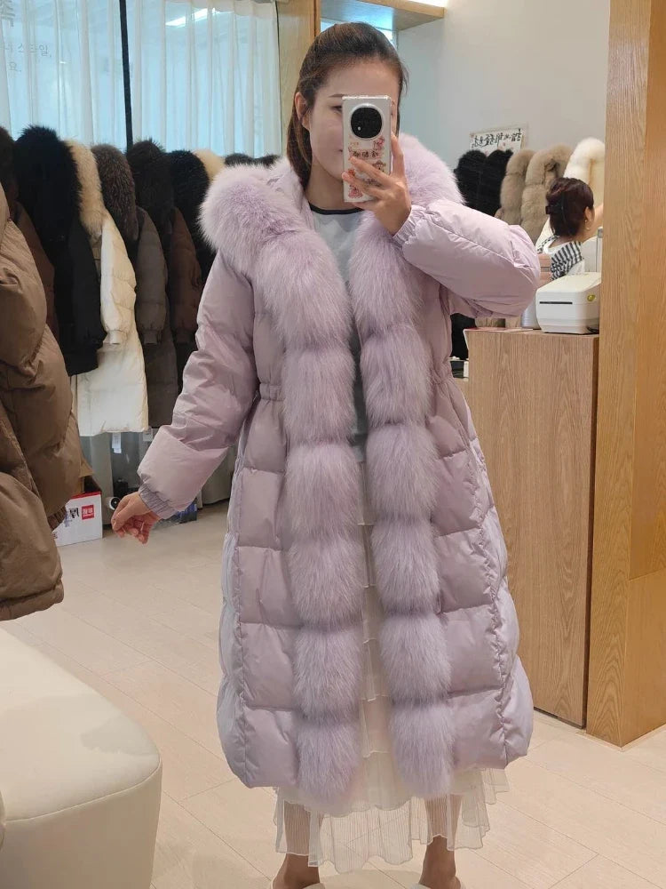 Damen Steppmantel Lang mit Kapuze und Pelzbesatz Winterjacke
