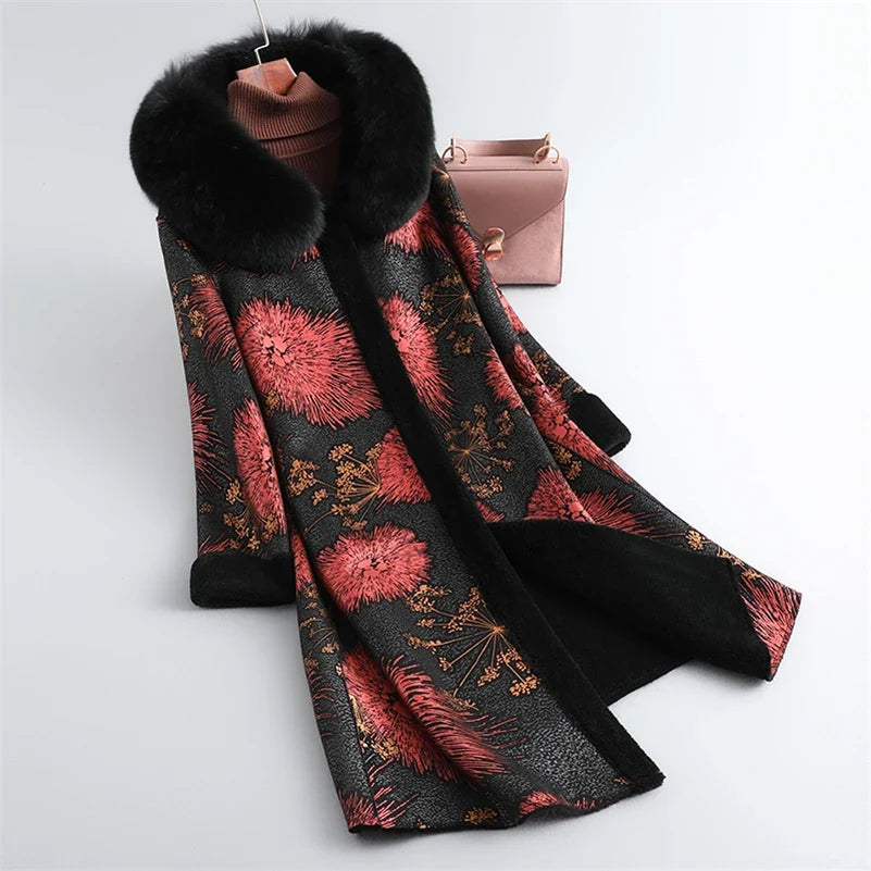 Damen Wintermantel mit Pelzkragen & Muster Langes Jacke Winter