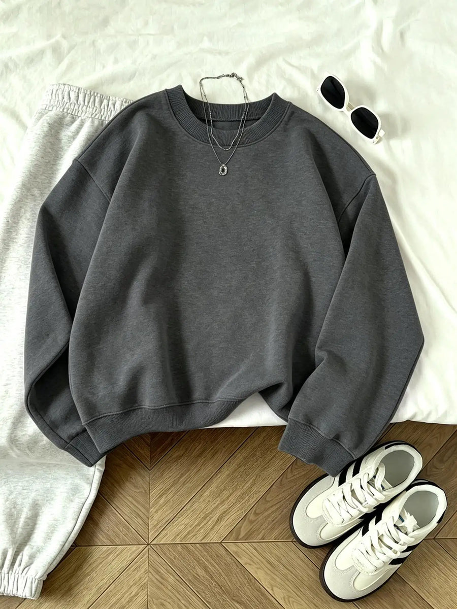 Unisex sweatshirt met lange mouwen, ronde hals, effen kleur, losse pasvorm