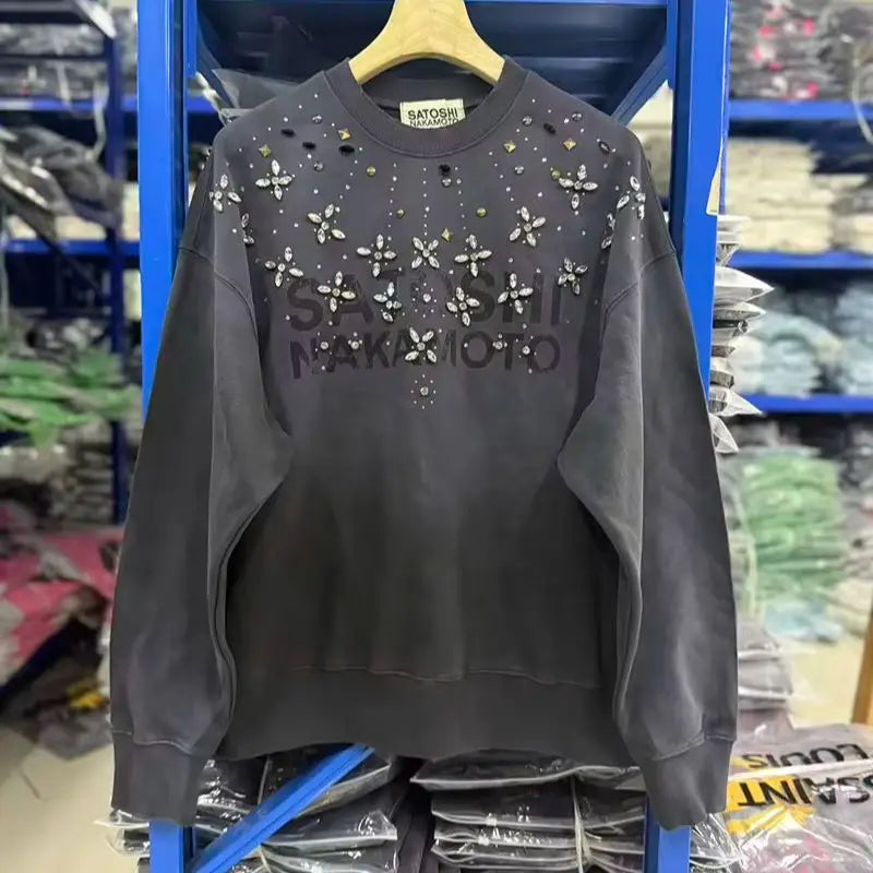 Unisex trui met kleurverloop en sierstenen, oversized sweatshirt