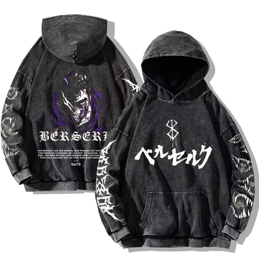 Vintage hoodie met capuchon en kangoeroezak – Berserk-print