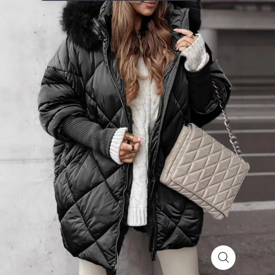 Damen Steppjacke mit Kapuze und Kunstfellbesatz, Raute-Muster, Reißverschluss