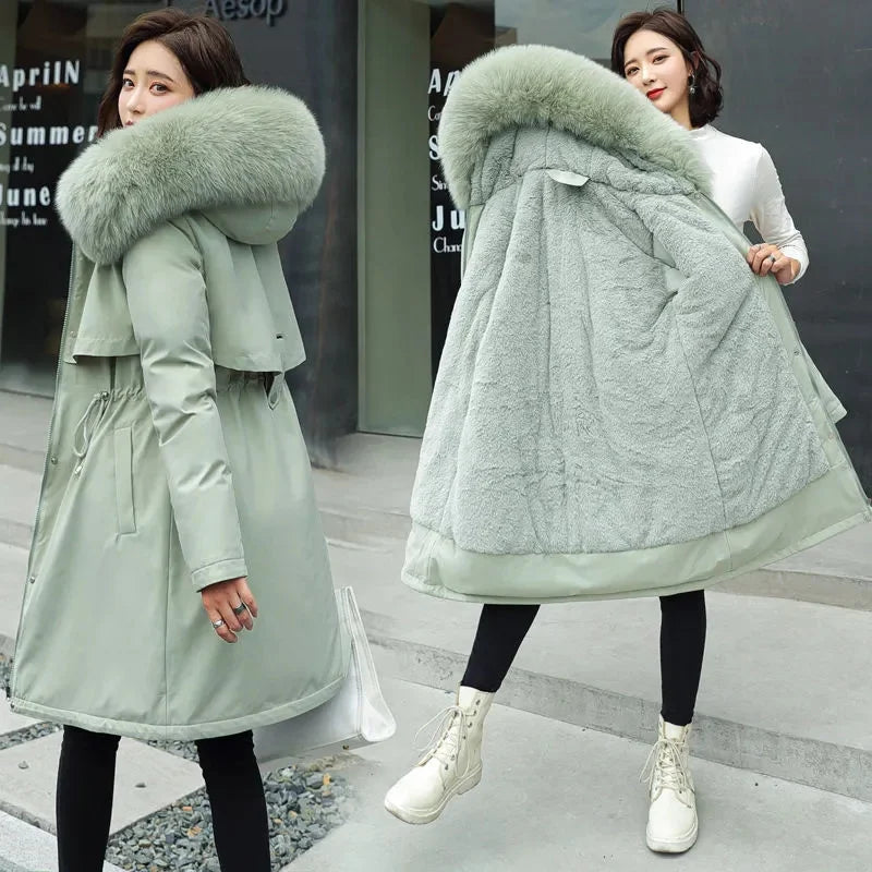 Winterparka Damen mit Pelzbesatz Kapuze und Fleecefutter Warm