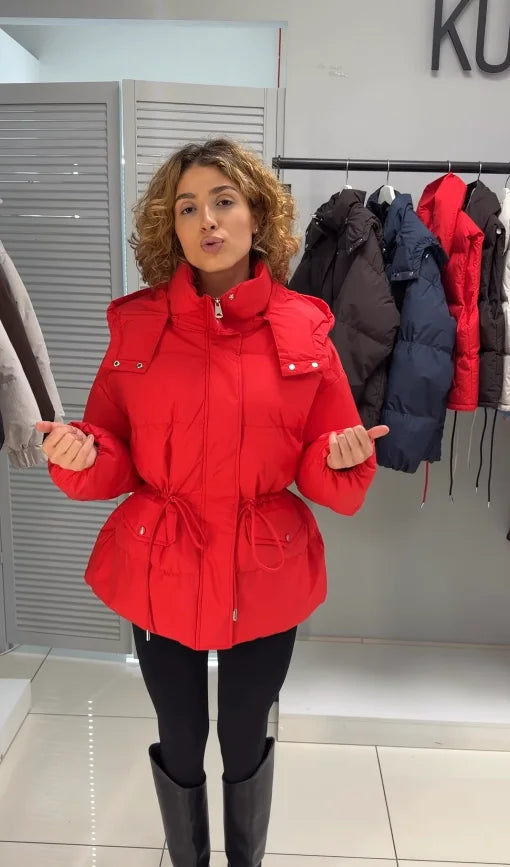 Damen Pufferjacke mit Kapuze und Taillenzugband