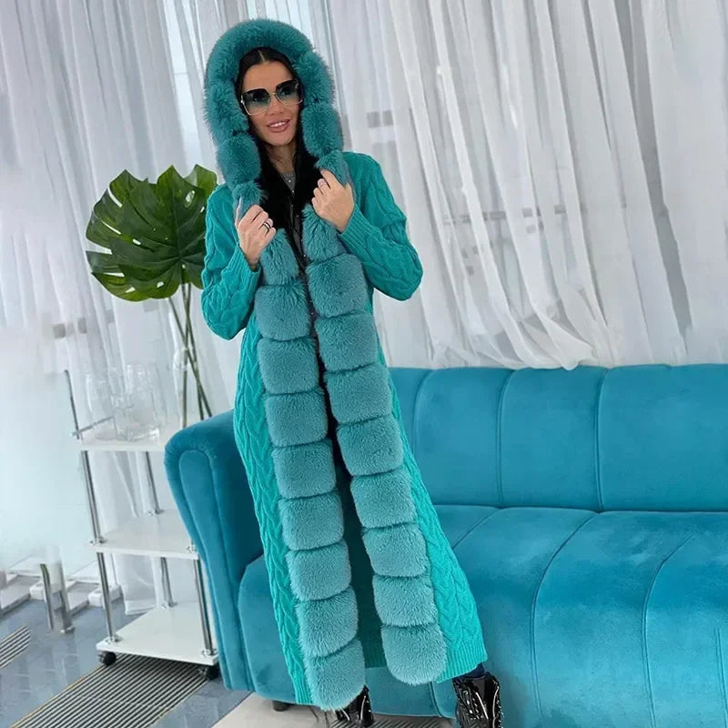 Damen Strickmantel lang mit Kunstpelzbesatz