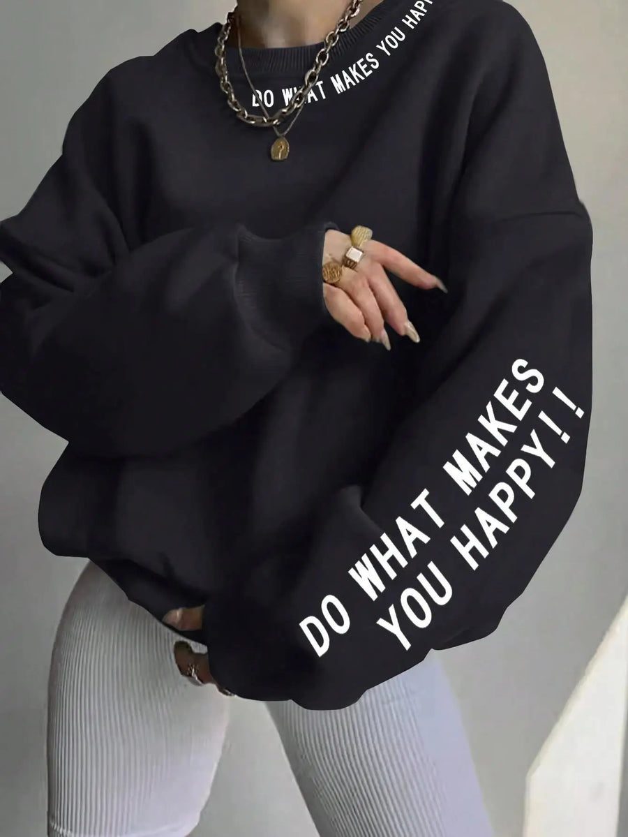 Damen Sweatshirt mit Spruch Print – Rundhals Langarm Oversized Pullover