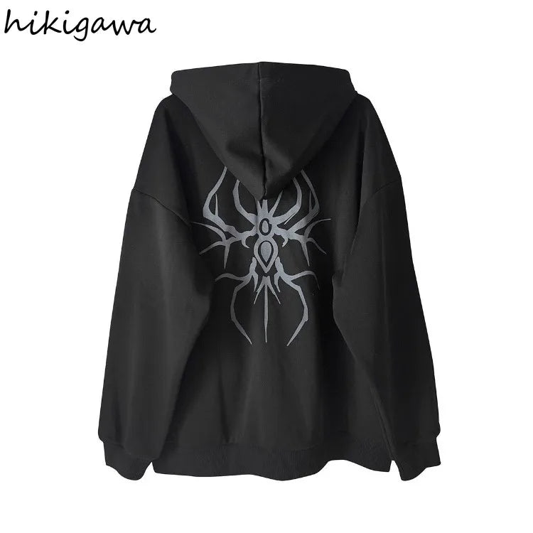 Oversized unisexhoodie met rits en capuchon, met gothic-print
