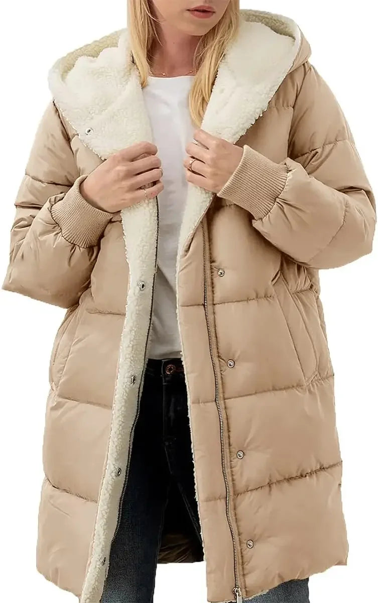 Damen Langer Steppmantel mit Kapuze und Teddyfutter, Winter Warme Jacke